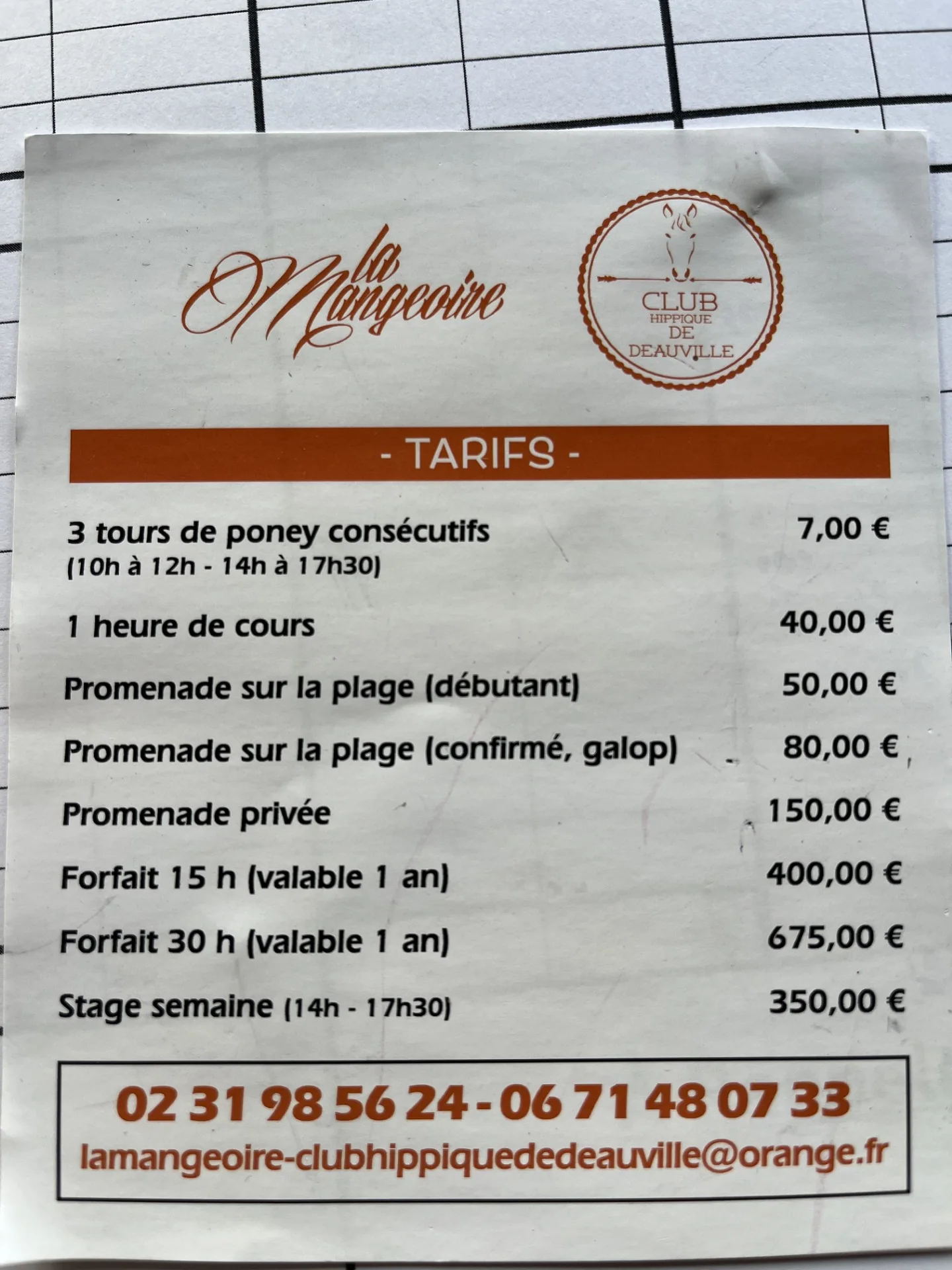 Affiche des tarifs du club